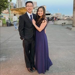 Navy Sherri Hill V Neck Bodice Prom Dress